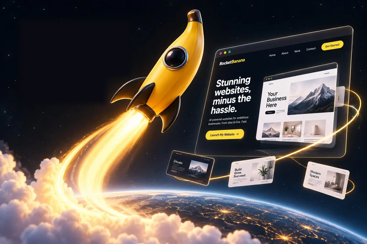 A banana-shaped rocket launching past floating website designs